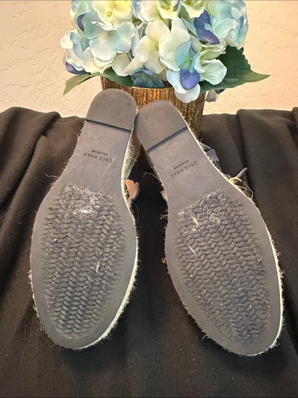 Cole Haan Navy Canvas Espadrille Wedge Sandals with Ankle Strap 3 in heels